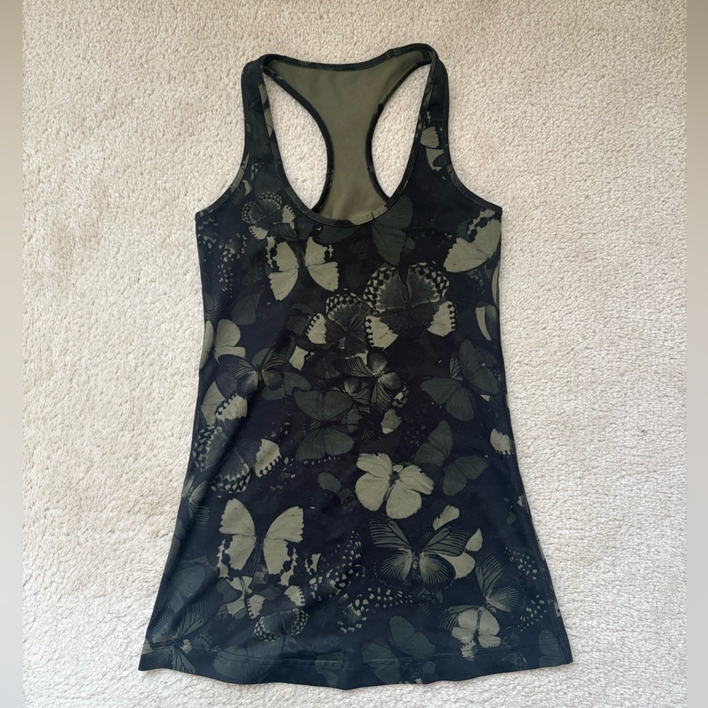 LULULEMON COOL RACERBACK BIGGIE SO FLY BUTTERFLY FATIGUE GREEN SIZE 2 TANK TOP